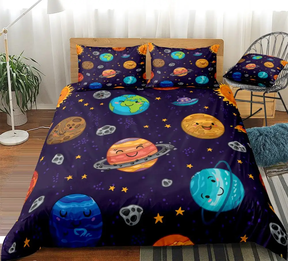 Cartoon Planets Duvet Cover Set Astronaut Rocket Ship Planets Stars Bedding Kids Boys Girls Space Quilt Cover Queen Dropship