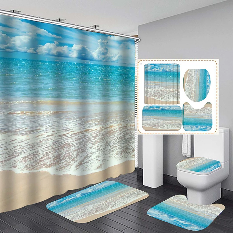 

Bathroom Shower Curtain With Hooks Shower Curtain Decor Beach Seascape Decoration Home Bathroom Curtain Set