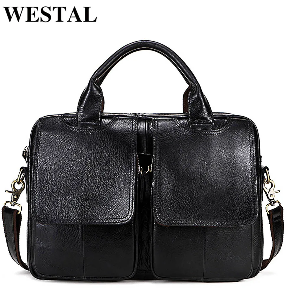 WESTAL Men\'s Briefcases Bags Men\'s Genuine Leather Laptop Bag Messenger Bag Men Leather office Bags for Men Document Briefcases