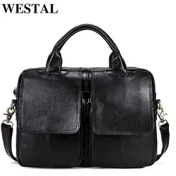 WESTAL-Sac en cuir véritable pour ordinateur portable pour homme, sac messager, sacs de bureau, étuis à bombes pour documents