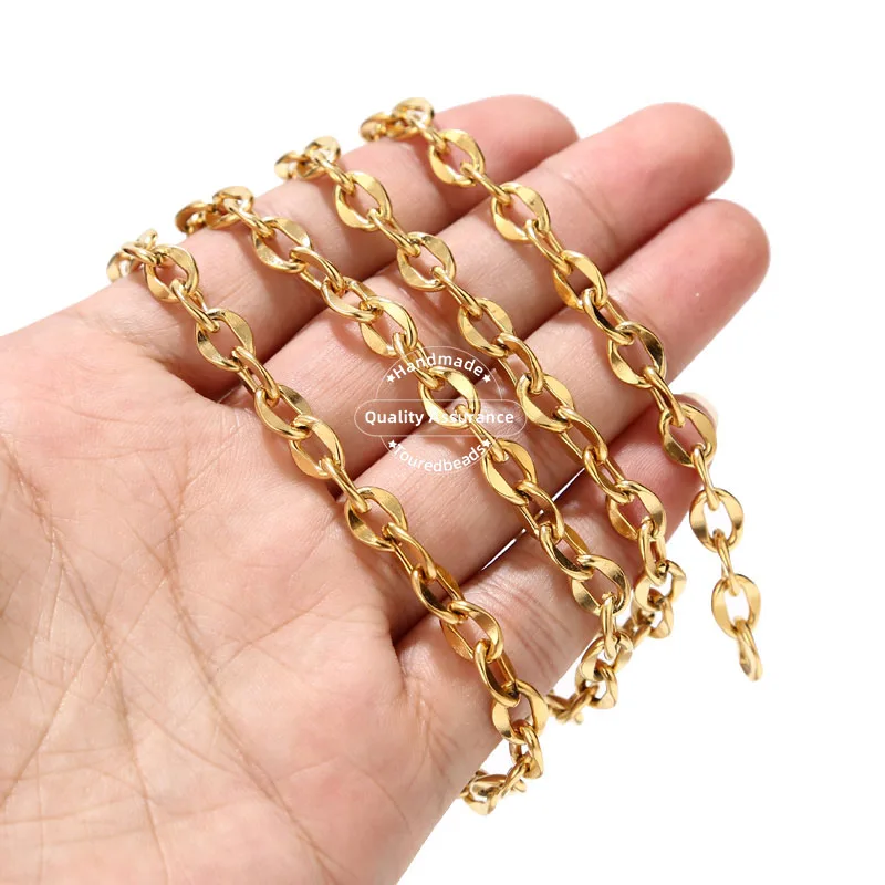 1 Meter Stainless Steel 7mm Width Gold Rolo Cable Chains Flat Lip Chain Fit for DIY Jewelry Making Supplies