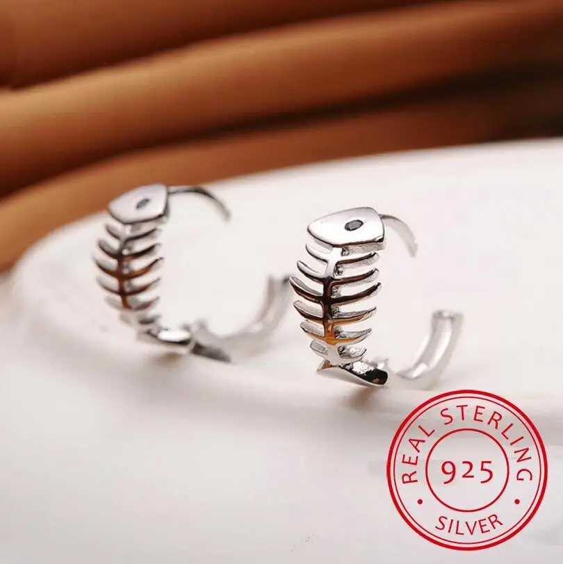 Pendientes 925 Sterling Silver Earrings Fish Bones Hoop Earrings for Women\'s Eur\'s Clock