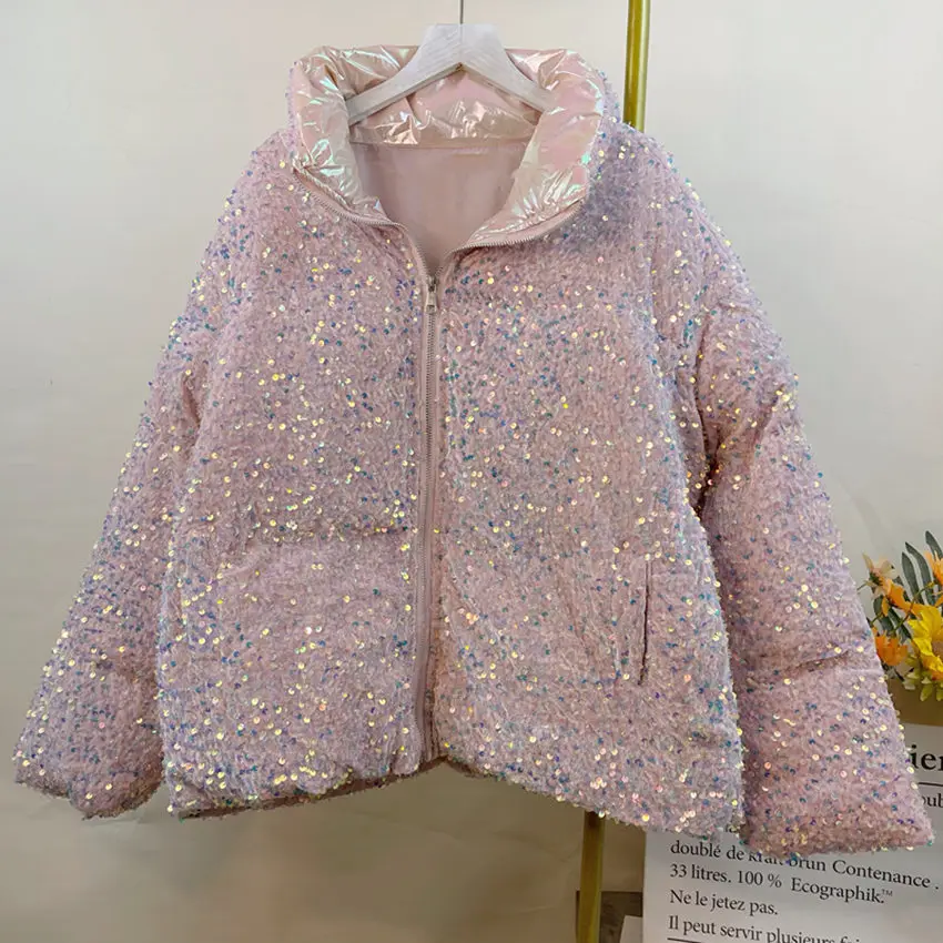 Chaqueta de algodón con lentejuelas para mujer, abrigo europeo holgado y cálido, ropa informal suelta, novedad de invierno de 2024