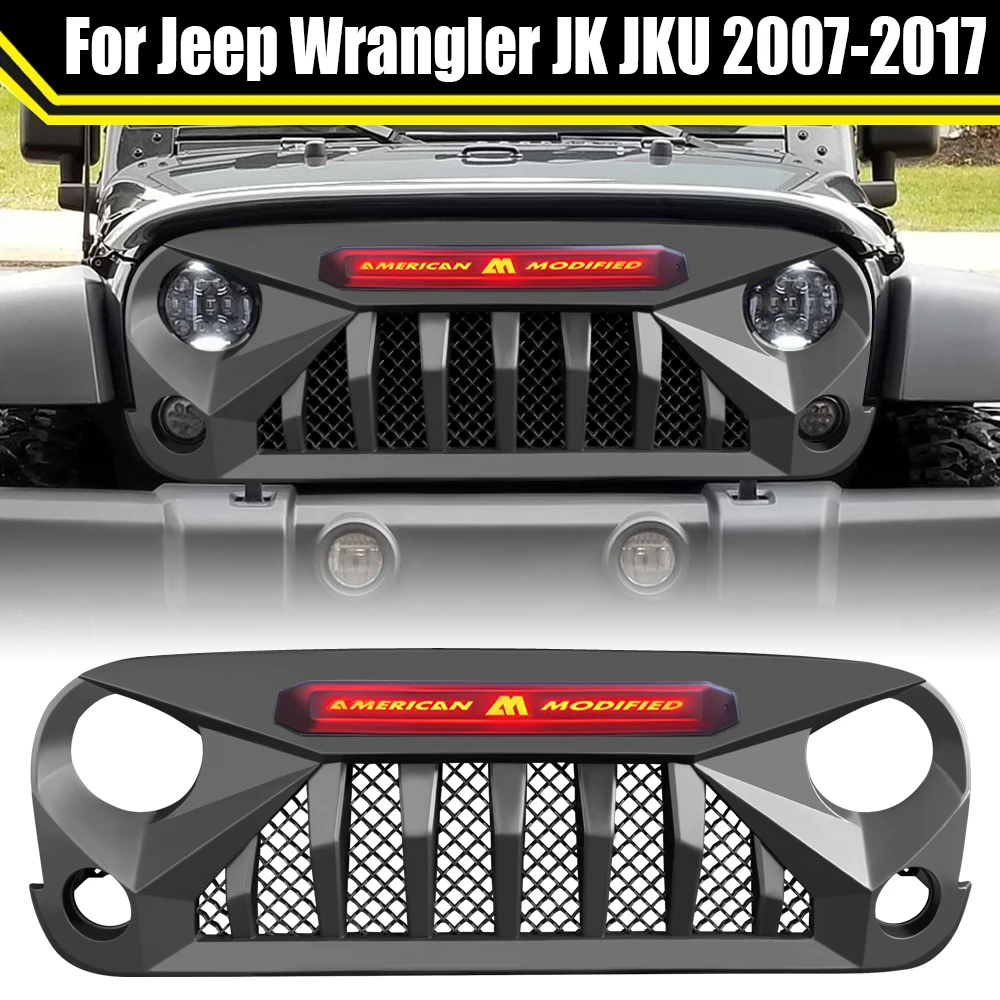 

Car Modified Grille For Jeep Wrangler JK JKU 2007-2017 New Design Racing Grill Front Bumper Mesh Grille With Light For Wrangler