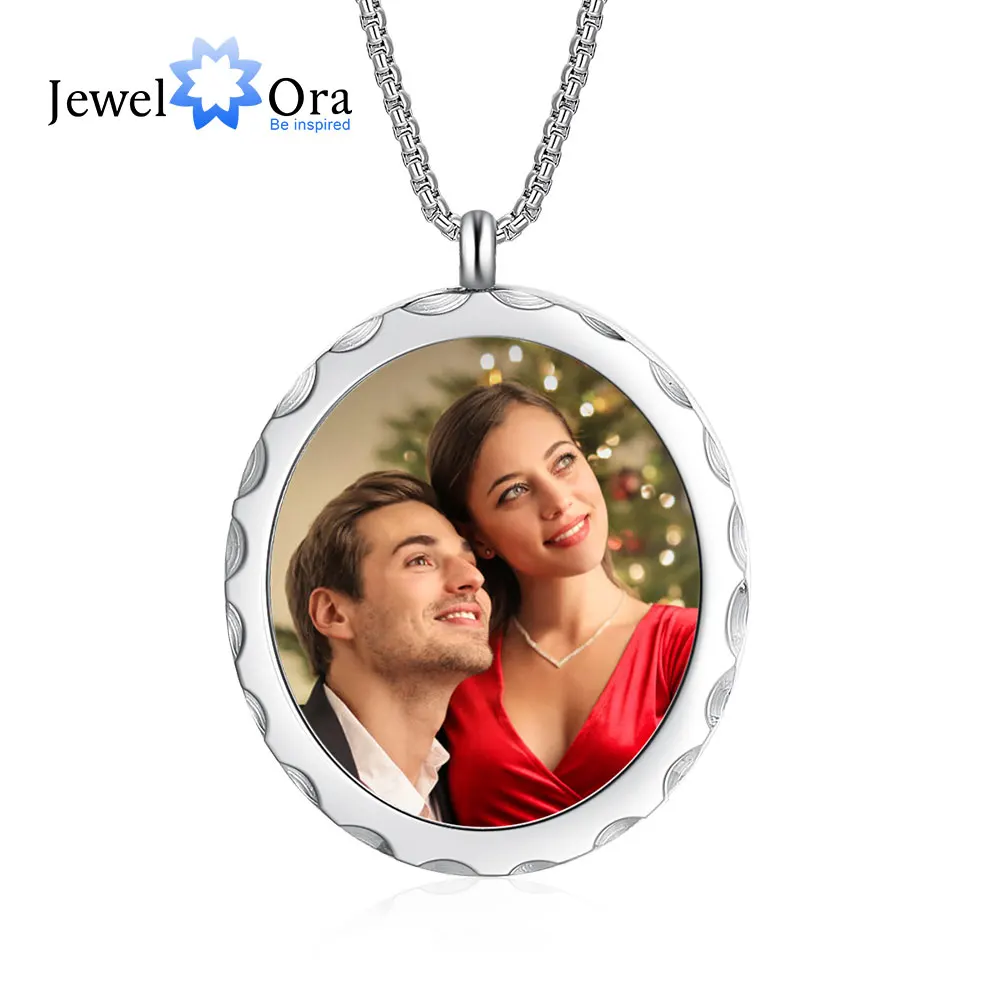 JewelOra Personalized Photo Necklace Couples Pendant Stainless Steel Jewelry Custom Letters Engraving Anniversary Gift for Women