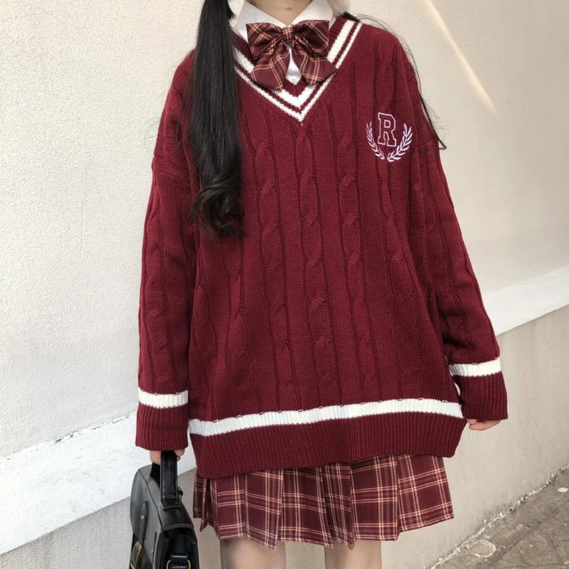 New 2020 Japanese Wear Pullover Jk Sweater Loose V-Neck Regular Long SleevesStudent Hollow Out Knitting Loose Women Pullover