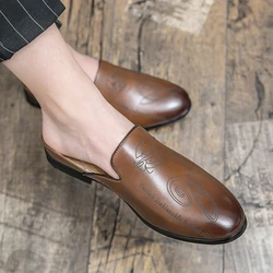 2022 Summer Leather Men Half Shoes Loafers Pointed Handmade Mules Comfortable Casual Men's Shoes Luxury Quality Low-heel Shoes