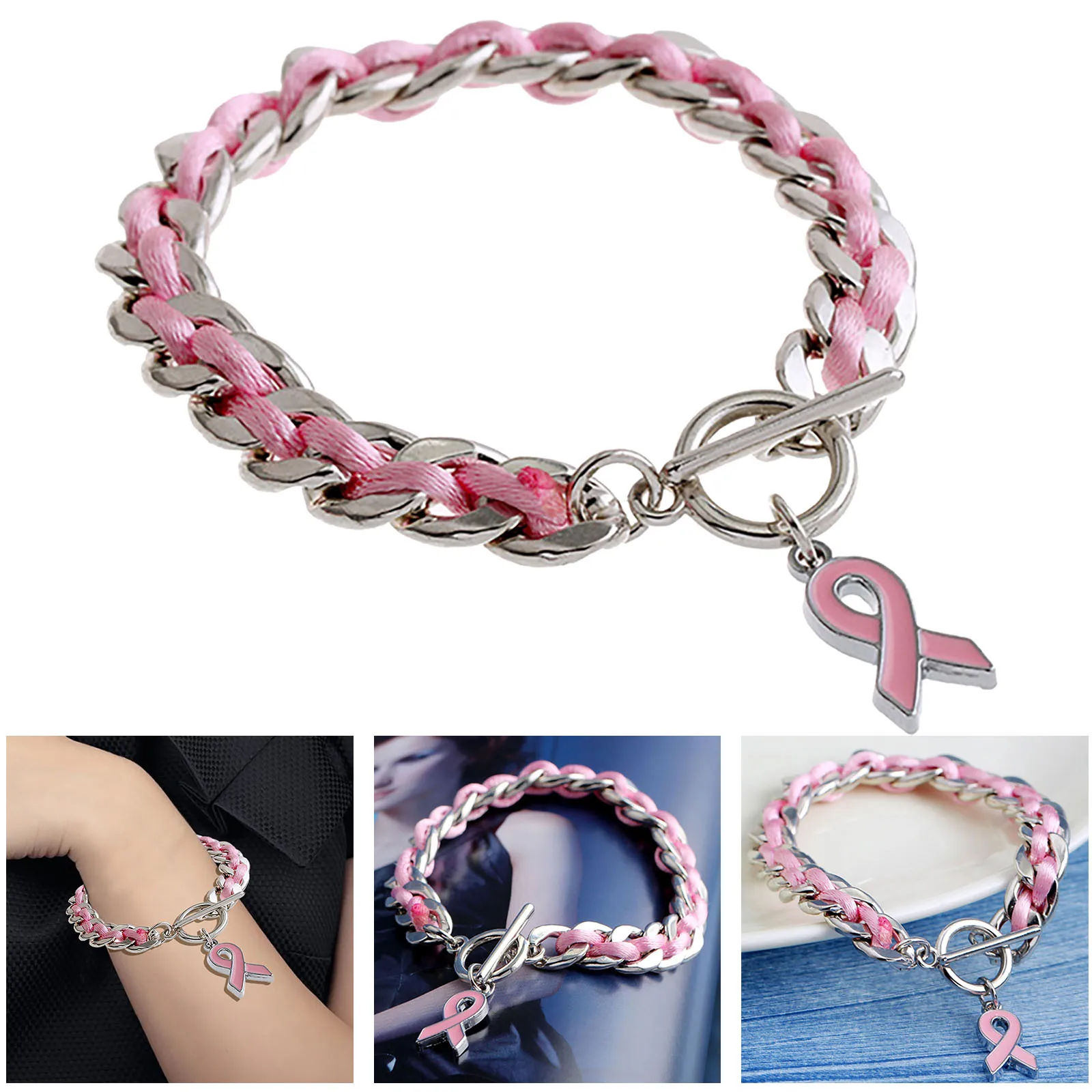 Breast Cancer Awareness Hope Bracelet For Women Pink Ribbon charm Braided Love Rope Wrap Bangle Fashion Bracelet Gift 2021