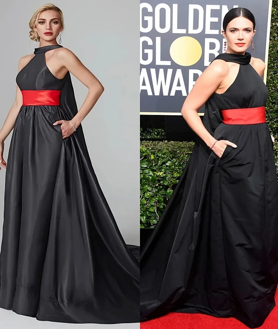 

Elegant Black Evening Dress with Bow Halter Neck Red Sash Satin Prom Party Gown For Celebrity Vestidos Robes De Soirée