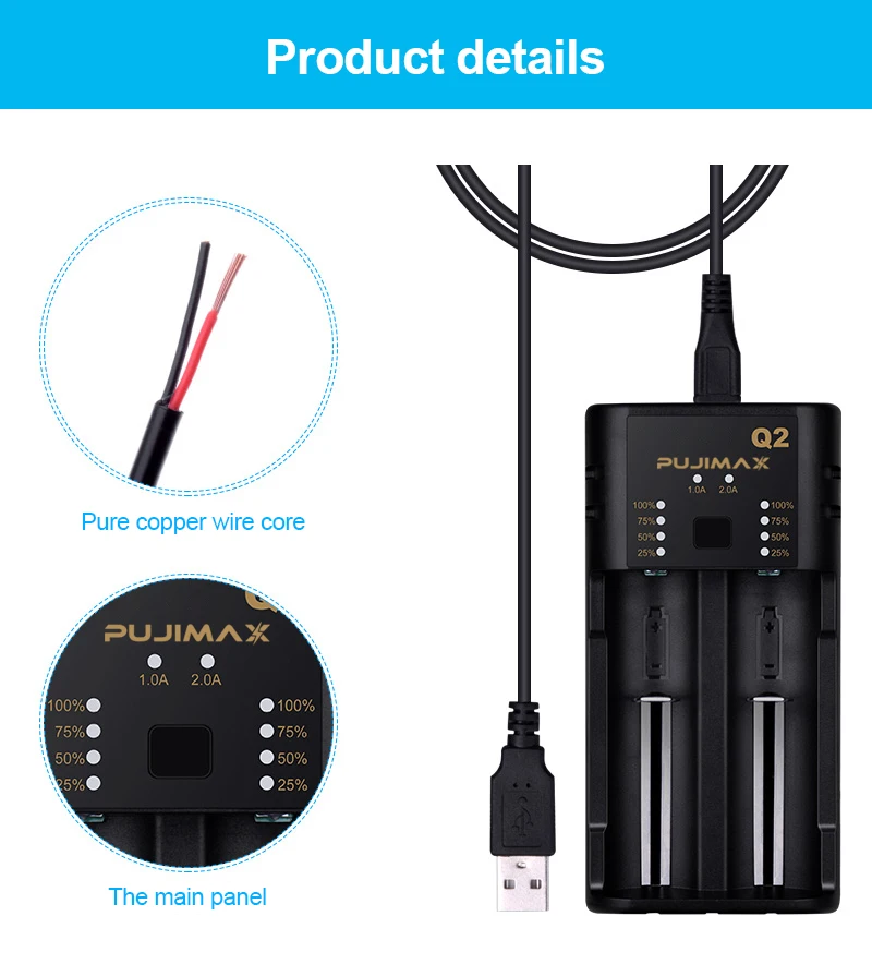 PUJIMAX 2slots Li-ion/Lithium Battery Charger with LED Smart Indicator USB Cable For 18650 14400 26650 1.2V AA/AAA NiMH Chargers