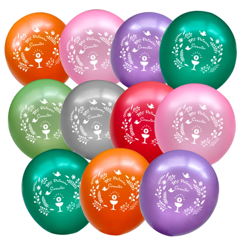 50 Pieces 10 Inch Blue Pink Colorful Spanish Logo Mi Primera Comunión Balloon For Spain Kids First Communion Party Decoration