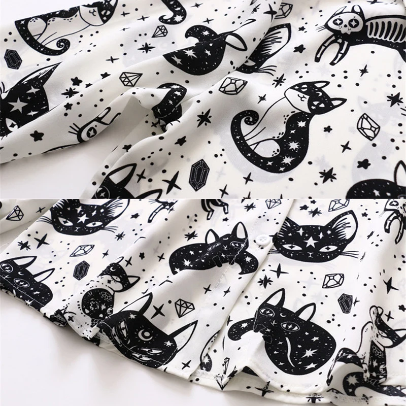 Cartoon Cat Pattern Women\'S Chiffon Shirt Fashion Woman Blouses 2021 Spring Autumn Long Sleeve Casual Girls\' Top Female Clothing