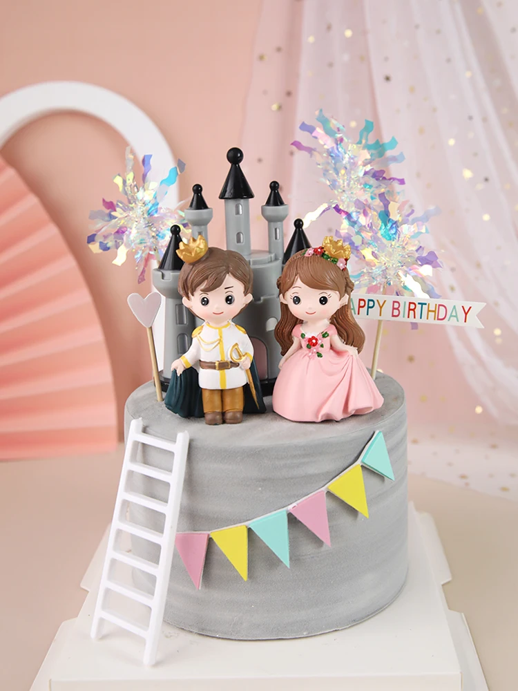 Cute Castle Princess Prince Resin Creative Crafts Cake Decorations Little Boy Girl Model Micro Landscape Cake Topper Decor view 2