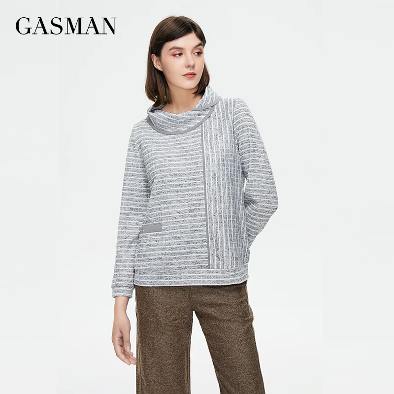 GASMAN Autumn Women blouse stripe grey Standing collar  pocket Three quarters sleeve Elegant Fashion Splicing 5218