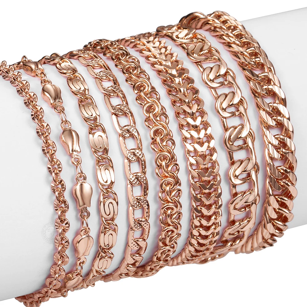 Women\'s 585 Rose Gold Color Bracelets Curb Snail Foxtail Venitian Link Chain Friendship Jewelry Gifts for Women Girl 7-9inch