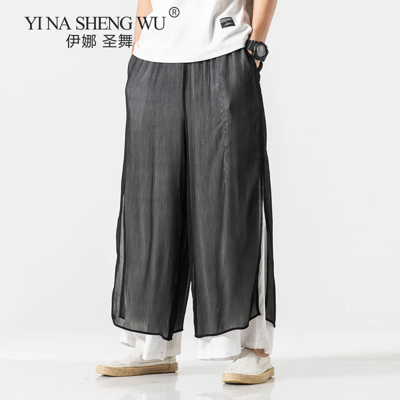 New Men's Casual Double-layered Wide-leg Pants Men Chinese Style Hanfu Cotton Linen Pants Loose Trousers Men Solid Color Pants