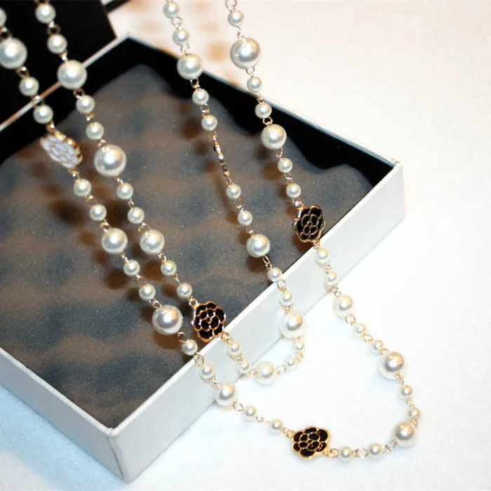 layered pearls beads  flower long pendant sweater necklace for women