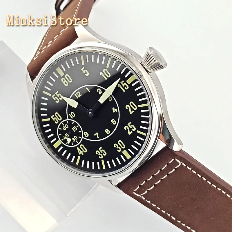 CORGEUT 44mm silver case black luminous dial leather strap  17 jewels 6497 hand winding movement mens leisure sport watch