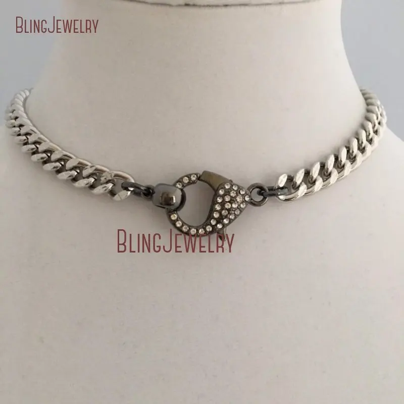 

10pcsNM35062 Silver Plated Chunky Cuban Chain Necklace Gunmetal Rhinestone Lobster Clasp Choker