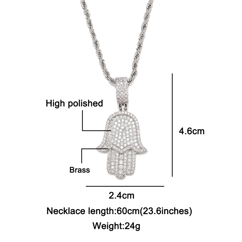 Hip Hop Iced Out CZ Bling Hand of Fatima Pendants & Necklaces For Men Women Rapper Charm Jewelry With Solid Back