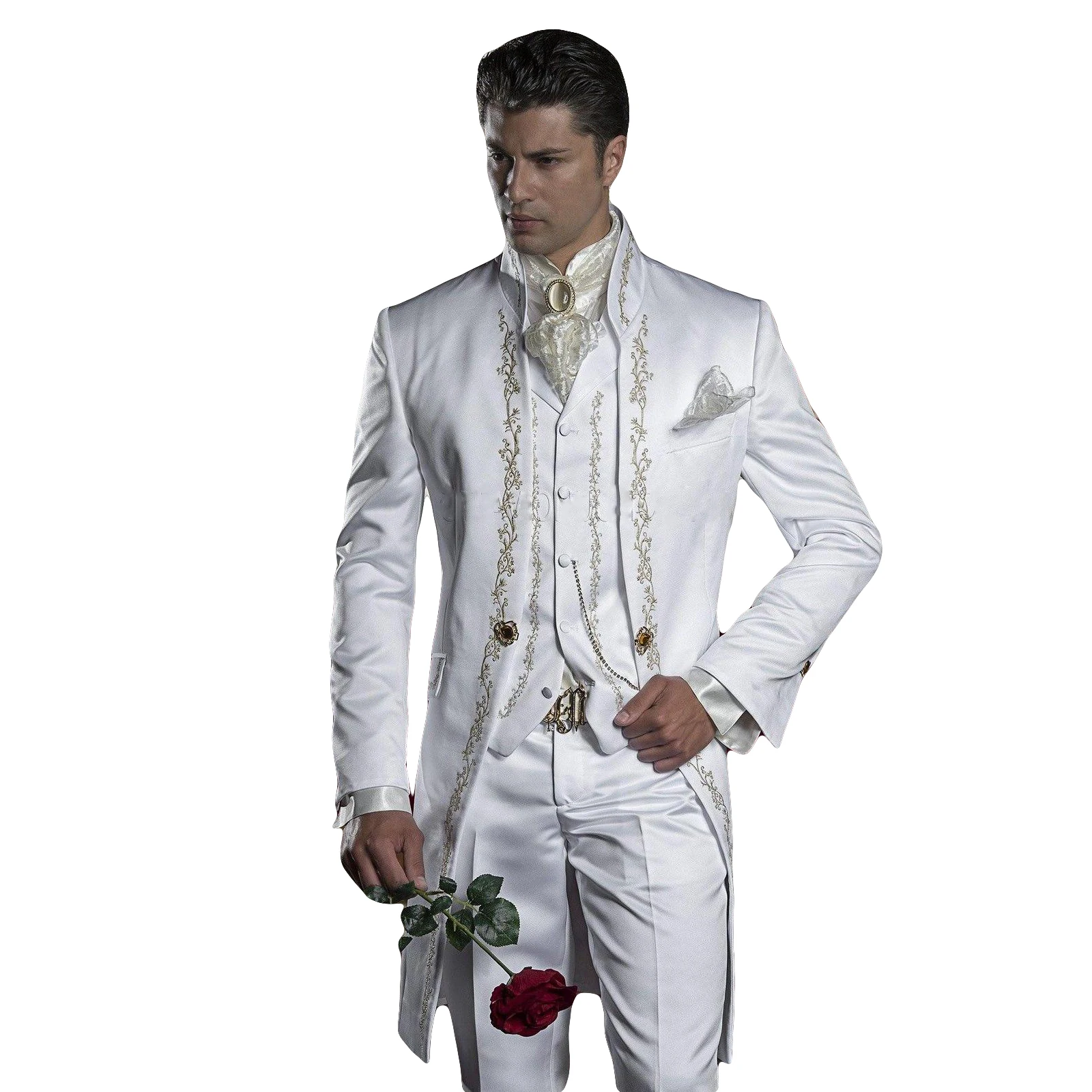 2024 Embroidery Groom Tuxedos Men's Suits White Groomsman One Button Formal Wedding Suit (Jacket+Pants+Vest) Three Pieces Suit