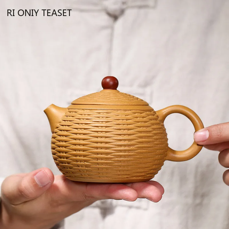 280ml Yixing Purple Clay Teapots Handmade Bamboo Braided Xishi Tea Pot Raw ore Gold Section Mud Kettle Teaware Tea Ceremony