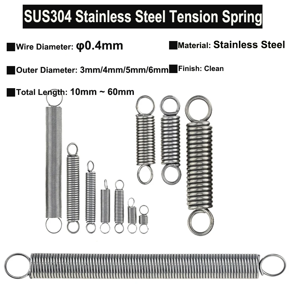 10Pcs/5Pcs Wire Diameter 0.4mm OD3mm~6mm SUS304 Stainless Steel Tension Spring Hook Cylindroid Helical Pullback Extension Coil