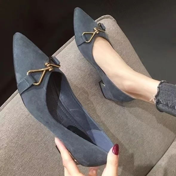 women shoes suede pointed toe metal bow decoration slip on flats mid-heel thick heel black loafers dress shoes