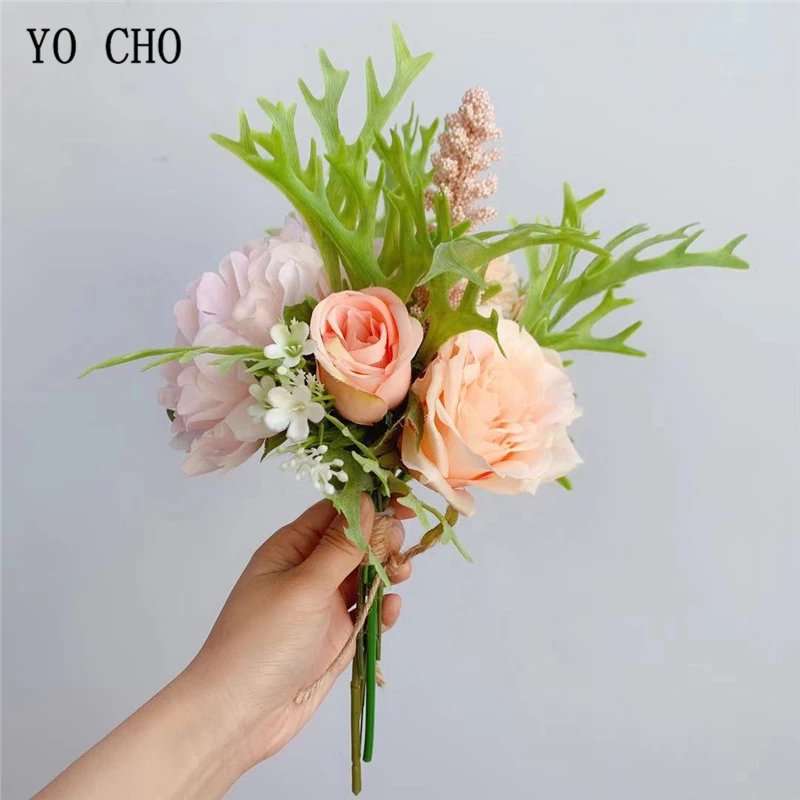 YO CHO-flores artificiales de champán, peonía de seda, rosa, ramo de novia, decoración del hogar, boda, álbum de recortes, bricolaje, ramo Flore de tela