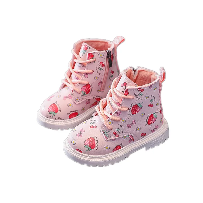 Girls warm cute boots baby British style leather boots autumn winter new princess short boots cute strawberry short boots