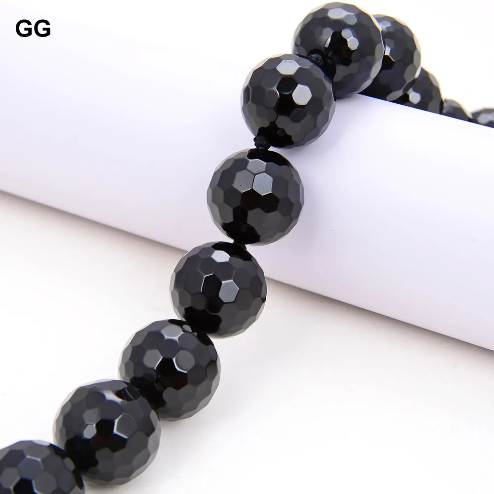 G-G Natural Stone 20MM Black Round Faceted Onyx Necklace