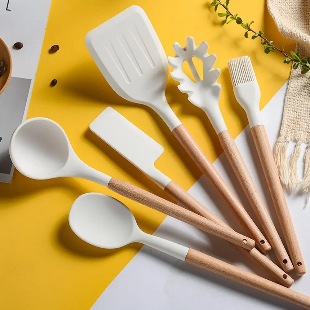 1Pc White Cooking Kitchenware Tool Silicone Utensils With Wooden Multifunction Handle Non-Stick Spatula Ladle Egg Beaters Shovel