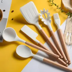 1Pc White Cooking Kitchenware Tool Silicone Utensils With Wooden Multifunction Handle Non-Stick Spatula Ladle Egg Beaters Shovel