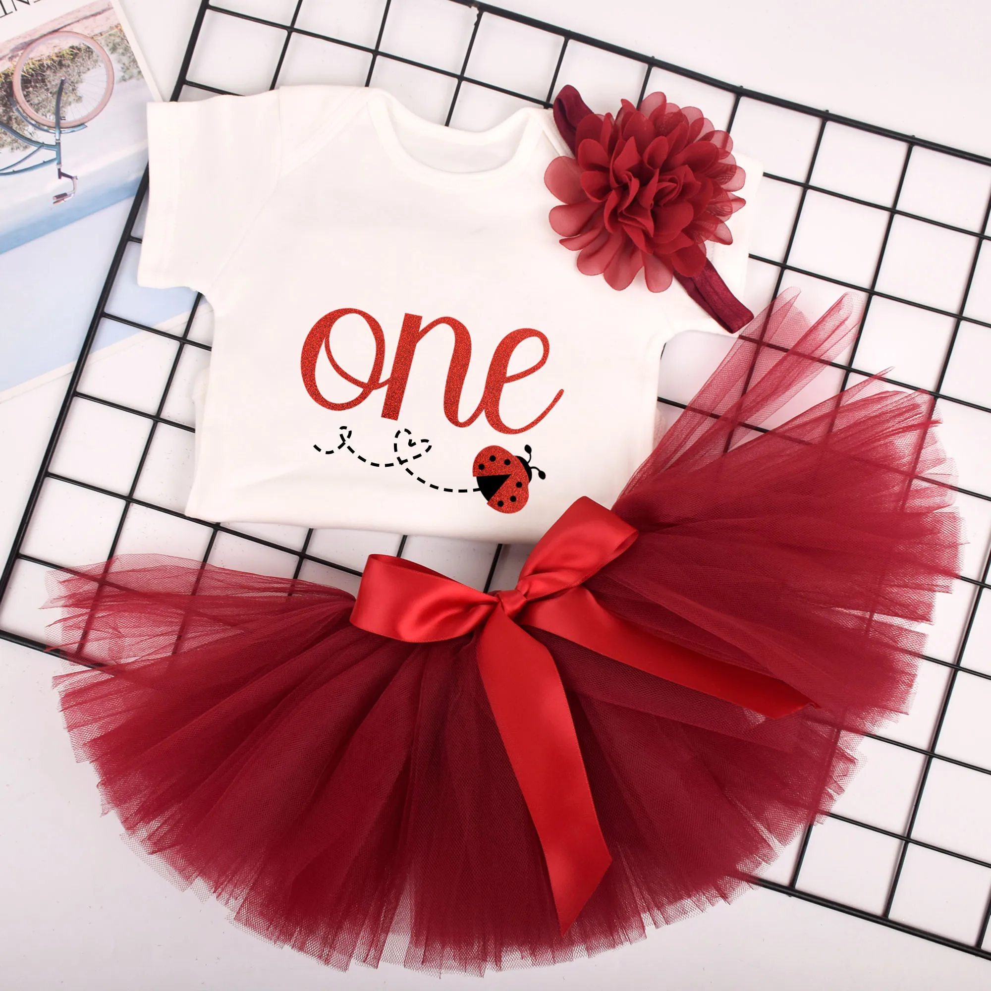 Baby Girls Ladbug Birthday Tutu outfit 1st Birthday Party costume Toddler Photo Props Cake Smash Wine Red Clothes set 0-24M