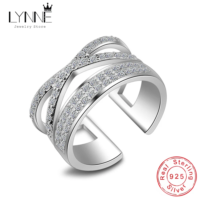 LYNNE Jewelry New Fashion 925 Sterling Silver Simple Double layer X Cross Rings Punk Rock Zircon Adjustable Ring Women Fine Gift