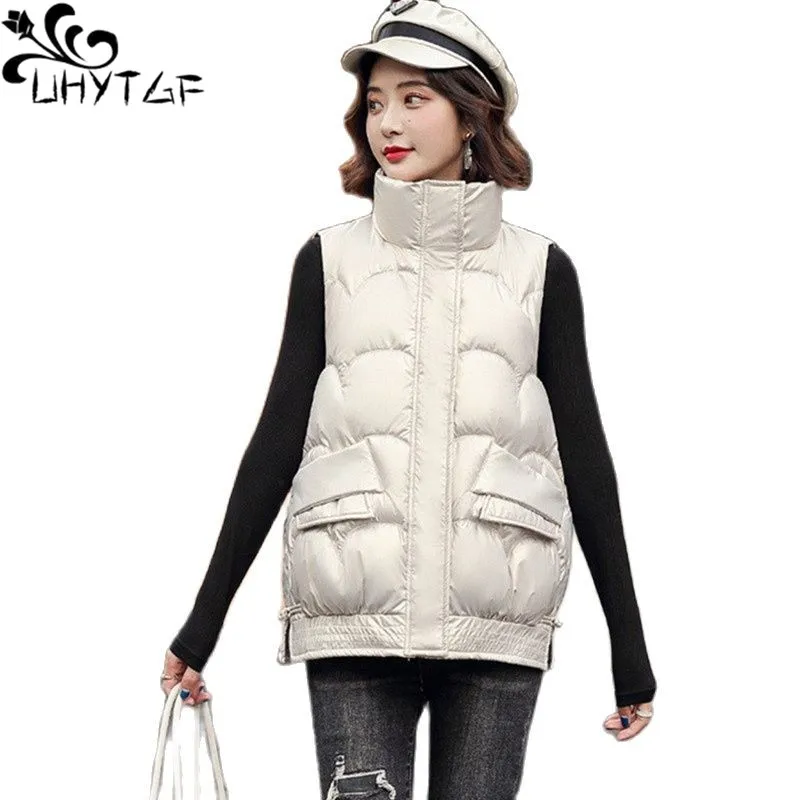 UHYTGF Women Sleeveless Jacket Glossy Down Cotton Casual Warm Autumn Winter Vest Coat Student Short Top Loose Size Waistcoat2299