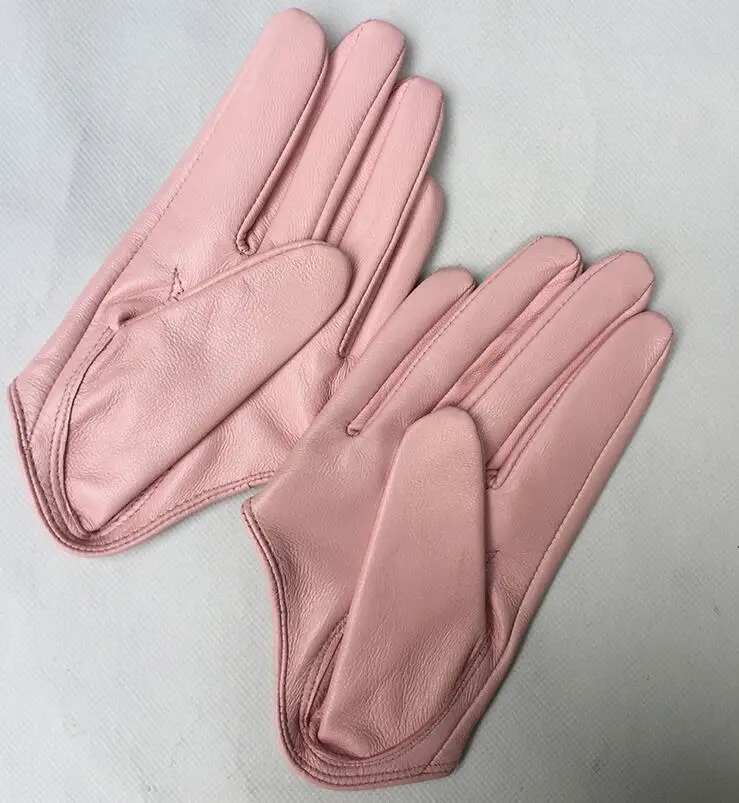 Women\'s natural sheepskin leather solid pink color half palm gloves female genuine leather fashion short driving glove R1171