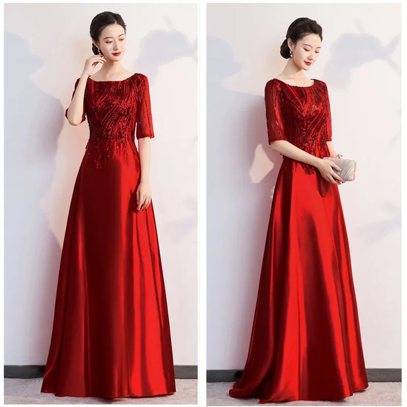 DLH-65#Cantata Performance Dress Wholesale Female Long Middle-aged Elderly Choir Host Evening Dresses Golden Wine Red Sequins