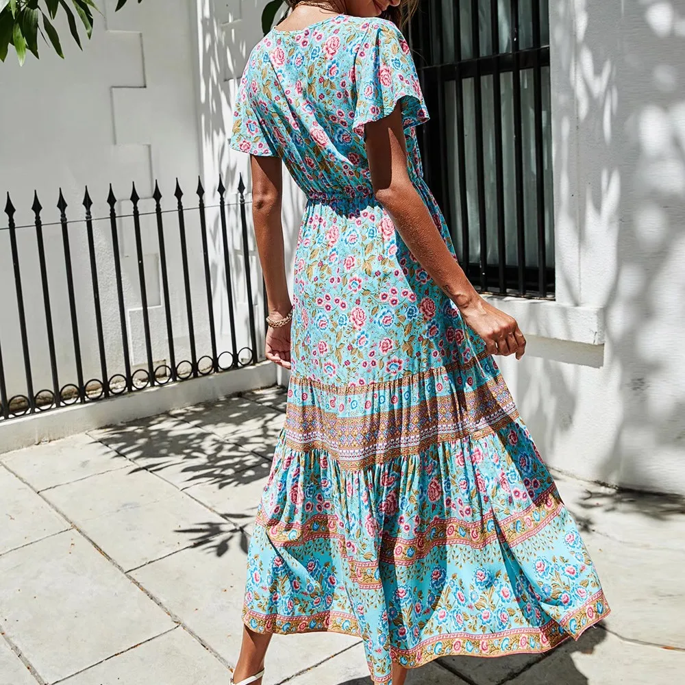 BOHO Open Button V neck Floral print Bohemia Dress Summer Woman Short Sleeve Tassel Strappy Maxi Long Dresses Holiday Robe