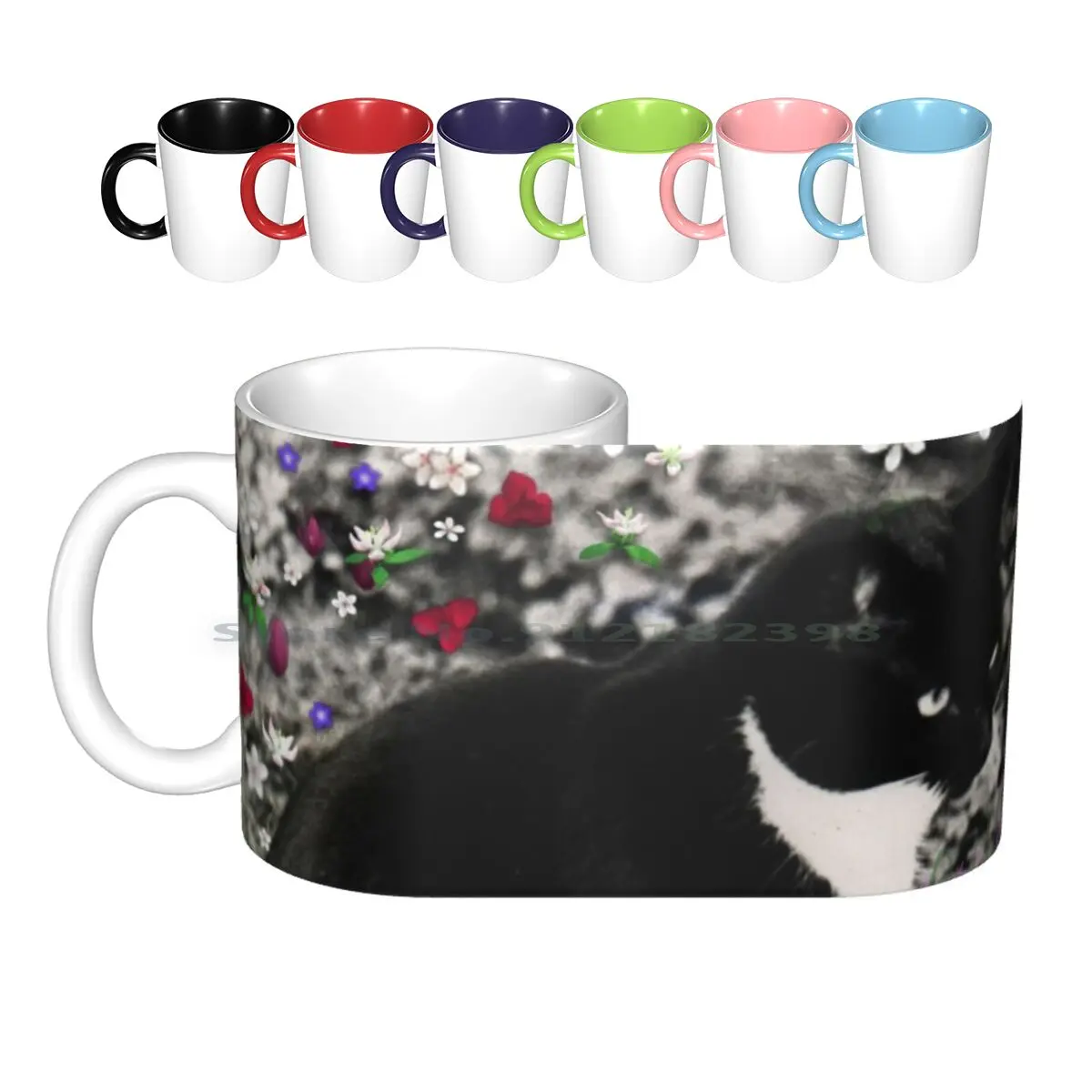 Freckles In Flowers Ii-Tuxedo Cat Ceramic Mugs Coffee Cups Milk Tea Mug Animal Black And White Cat Diane Clancy Flowers Kitty