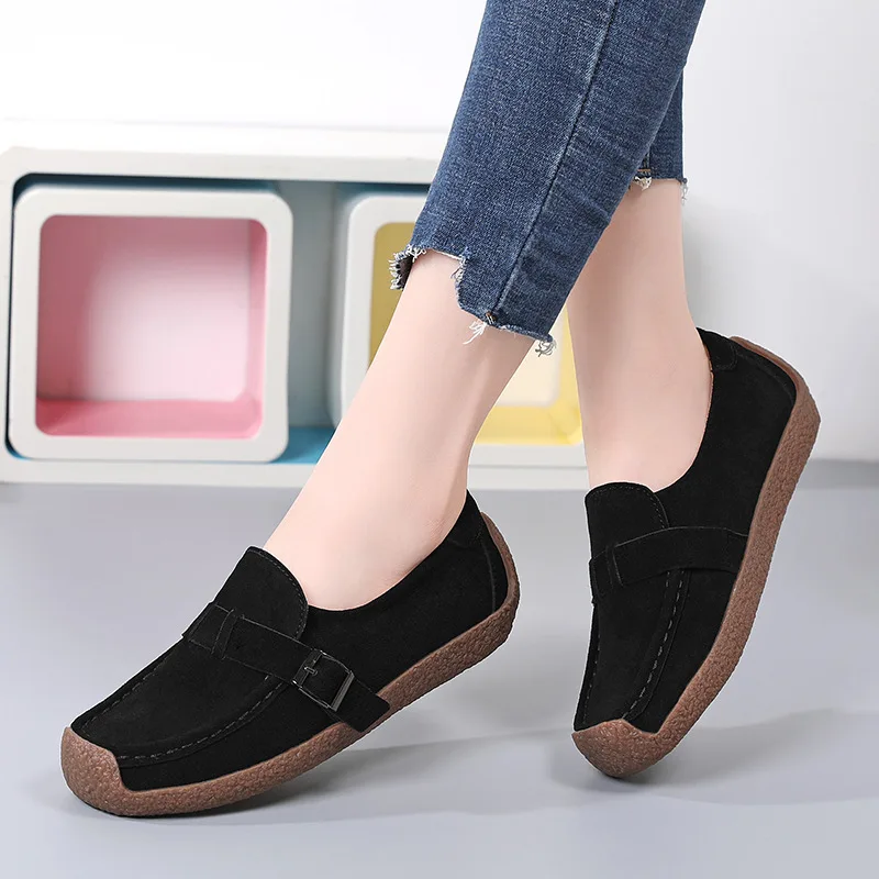 WOIZGIC Women Mother Female Lady Cow Suede Genuine Leather Shoes Flats Loafers Slip On Spring Moccasins Plus Size 43 42