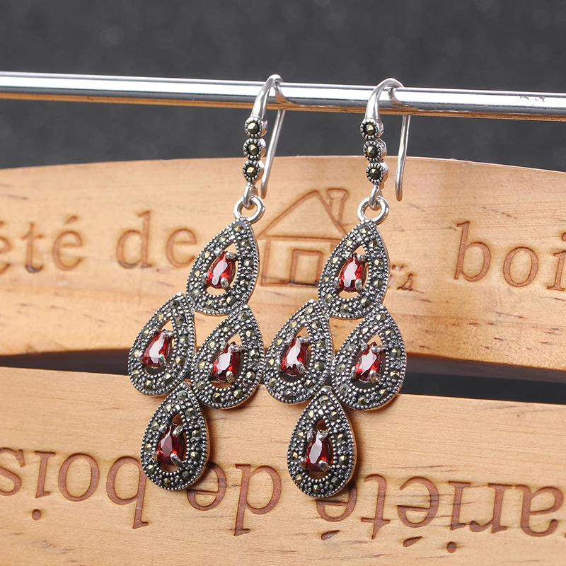 

ZHJIASHUN Vintage 100% 925 Sterling Silver Garnet Ruby Peacock Drop Earrings For Women Retro Natural Gemstones Earring Jewelry