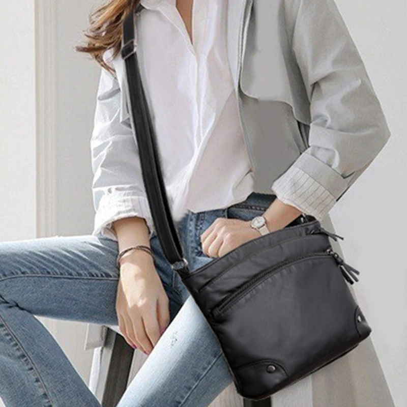 Weiche PU Leder Schulter Umhängetasche Frauen Retro Design Umhängetasche Casual Multi-reißverschluss Weibliche Täglichen Reise Handtasche Satchel – Detail 5