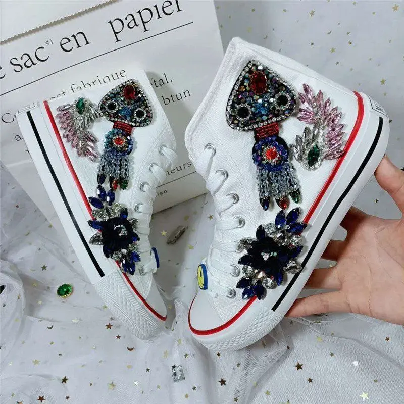 Spring New High Top Canvas Shoes Women's Handmade Water Drill Fashion Versatile Flat Bottom Lace Up Casual Shoes