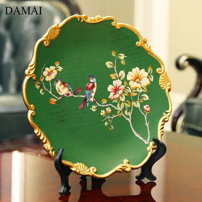 Retro Painted Plates Golden Stroke Bird Flowers Decorative Plate with Holder Living Room Decoration Ornaments Home Decor Platter