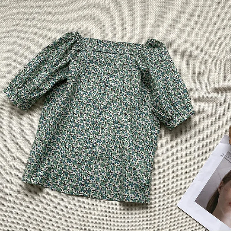 Blouse Women Puff Sleeve Retro Floral Single Breasted Womens Tops and Blouses Preppy Ulzzang Vintage Daily Stylish Femme Blusas