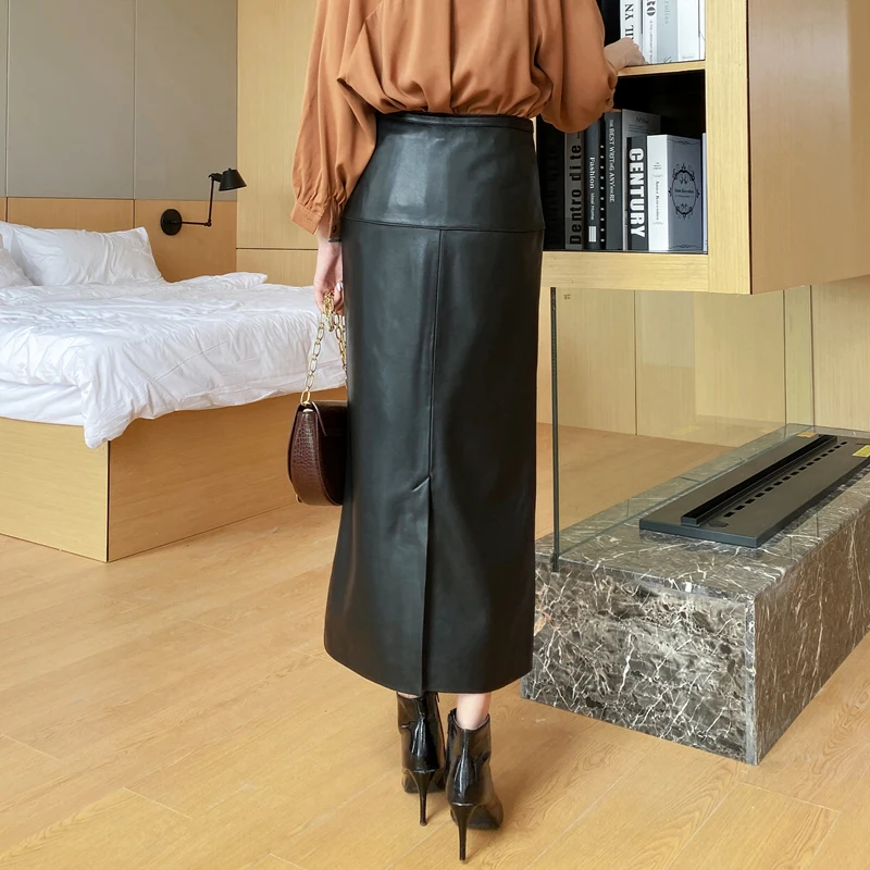 Genuine Leather Long Skirts For Women Faldas Mujer Sheepskin Over Knee Wrap Hip Jupe Longue Femme Black Plus Size Elegantes Saia