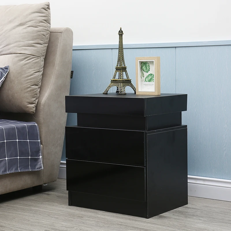 Three Tier Nightstand with Colorful LED Nightstand Modern Bedside Table File Storage Cabinet Holder Bedroom Furniture