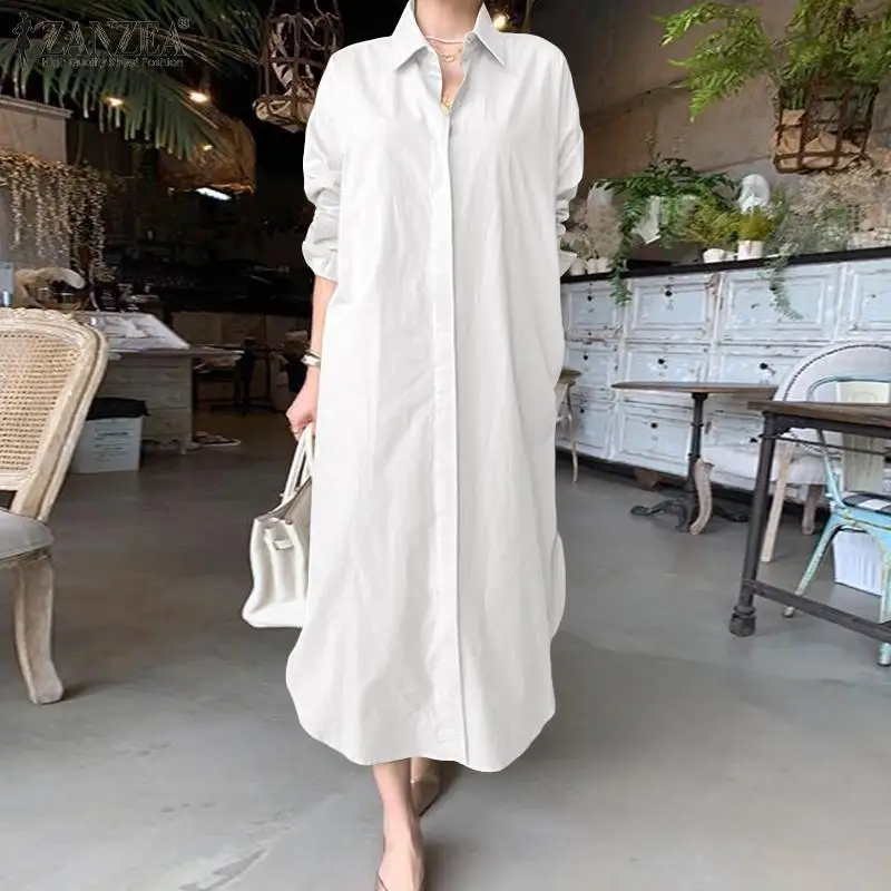 ZANZEA Elegant Women Shirt Dress Spring Fashion Long Sleeve Buttons Down Vestidos Chic Casual Office Ladies Solid Sundress Robe