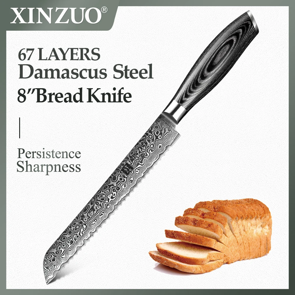 XINZUO 8" Bread Knife 67 Layers Japanese Damascus Stainless Steel Kitchen Knives High Quality Cheese Cake Cutter Knife Knife